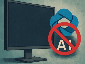 IMAGE: A computer monitor stands beside a crossed-out AI assistant icon, suggesting rejection of forced smart-TV software