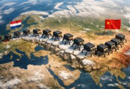 IMAGE: A realistic world map seen from space shows small walking microchips moving like ants from the Netherlands toward China, symbolizing the global struggle over semiconductor control