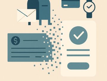 IMAGE: A paper check, envelope, and mailbox dissolving into digital payment icons, symbolizing the transition from paper to electronic payments