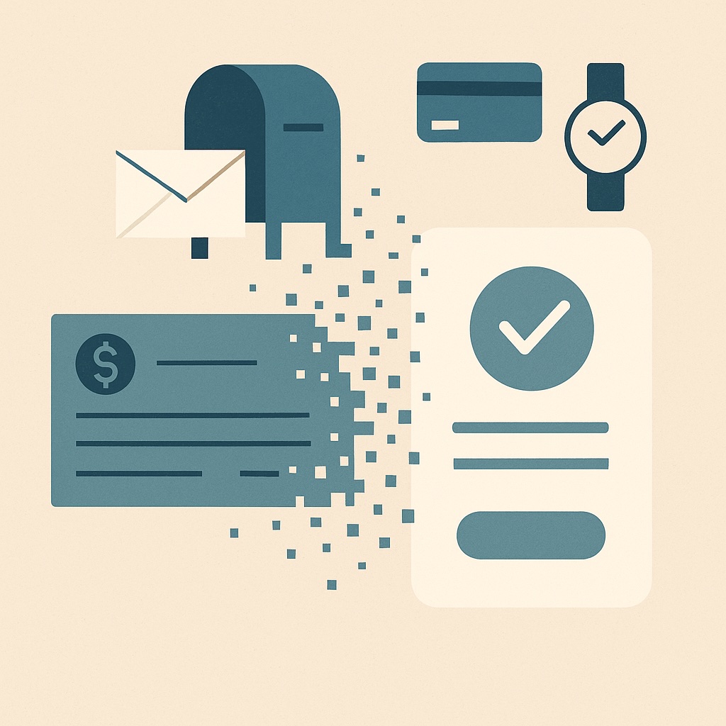 IMAGE: A paper check, envelope, and mailbox dissolving into digital payment icons, symbolizing the transition from paper to electronic payments