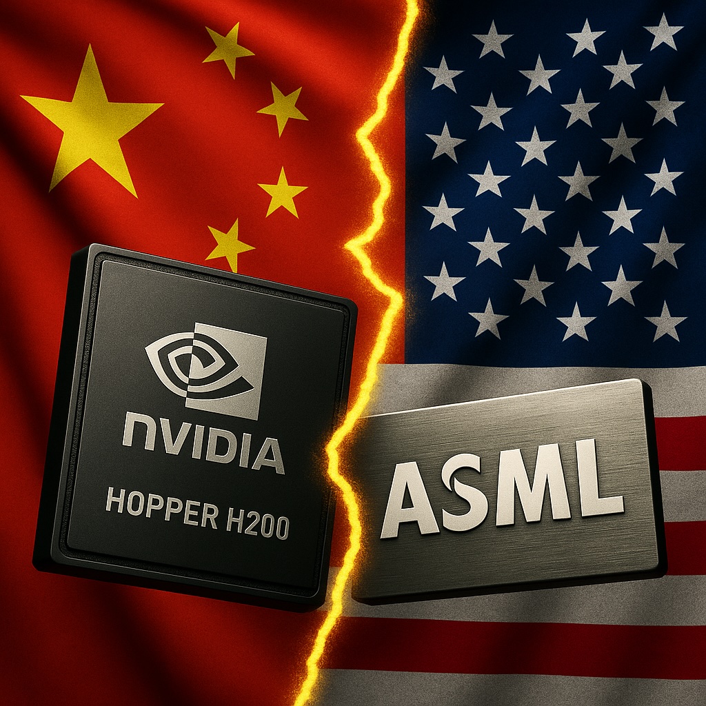 IMAGE: A symbolic confrontation between the US and China over chip technology, with Nvidia and ASML hardware elements split by a glowing fault line 