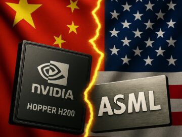 IMAGE: A symbolic confrontation between the US and China over chip technology, with Nvidia and ASML hardware elements split by a glowing fault line