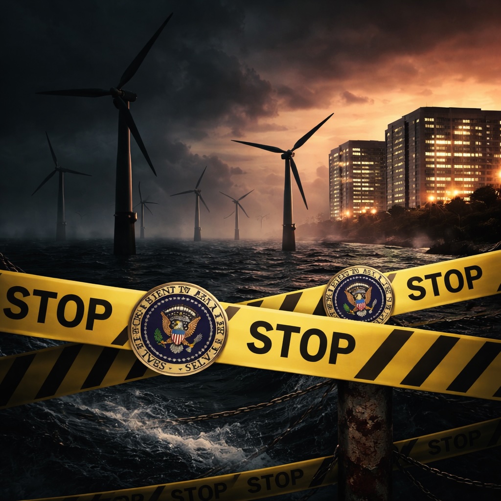 IMAGE: A bunch of offshore wind turbines blocked by warning tape bearing a government seal, while brightly lit buildings in the background symbolize rising electricity demand and political obstruction of clean energy 