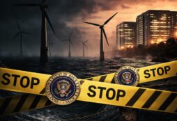 IMAGE: A bunch of offshore wind turbines blocked by warning tape bearing a government seal, while brightly lit buildings in the background symbolize rising electricity demand and political obstruction of clean energy