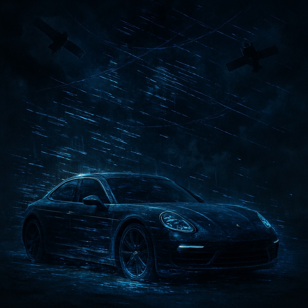 IMAGE: A Porsche car, digitally "frozen" in place under a dark sky filled with satellite interference patterns, symbolizing a modern vehicle immobilized by a network failure 