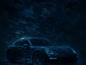 IMAGE: A Porsche car, digitally "frozen" in place under a dark sky filled with satellite interference patterns, symbolizing a modern vehicle immobilized by a network failure
