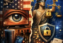 IMAGE: A split illustration contrasting U.S. private surveillance, shown through smart devices watching users, with the European Union’s defense of privacy, symbolized by legal protections and secure data