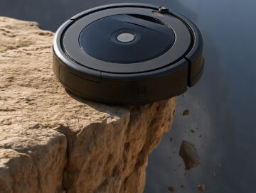 IMAGE: Roomba robot vacuum teetering on the edge of a high, jagged cliff, with debris falling into the void below, evoking a sense of imminent danger and corporate downfall