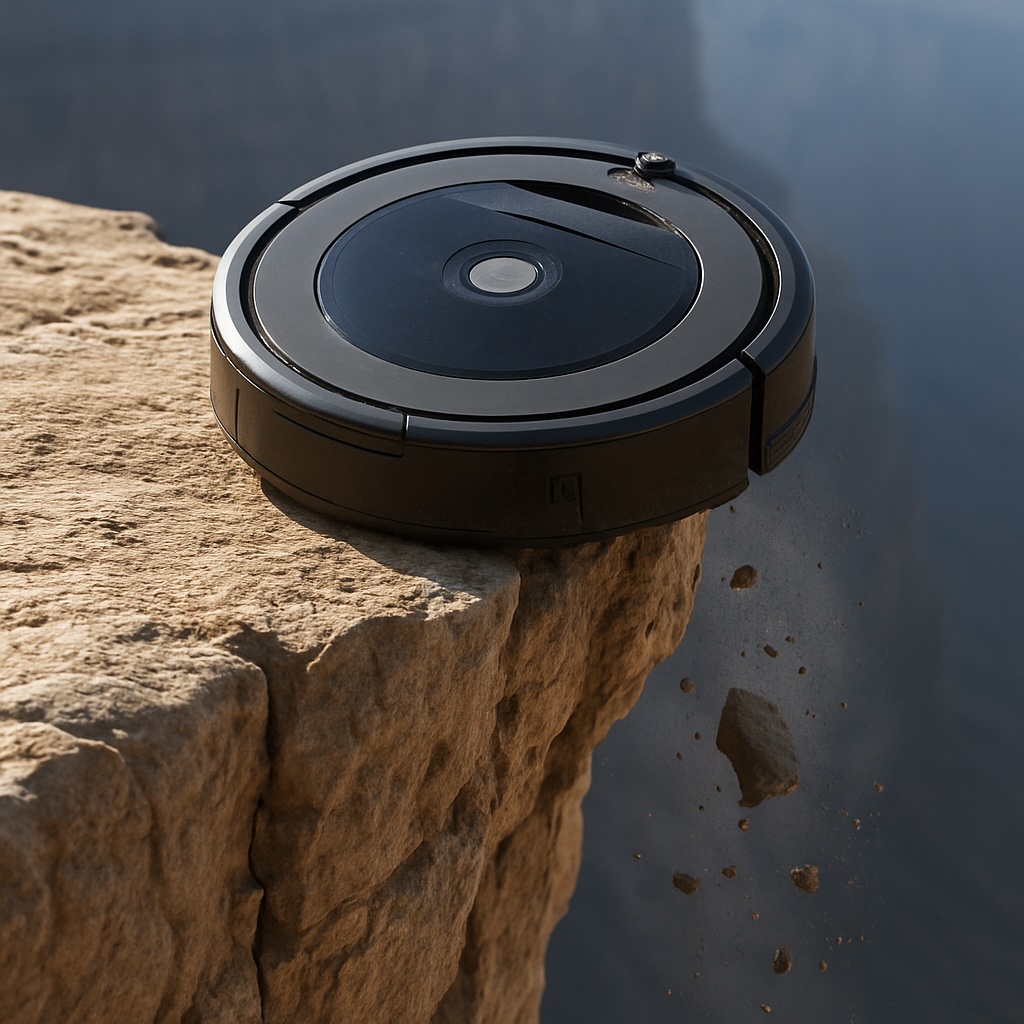 IMAGE: Roomba robot vacuum teetering on the edge of a high, jagged cliff, with debris falling into the void below, evoking a sense of imminent danger and corporate downfall