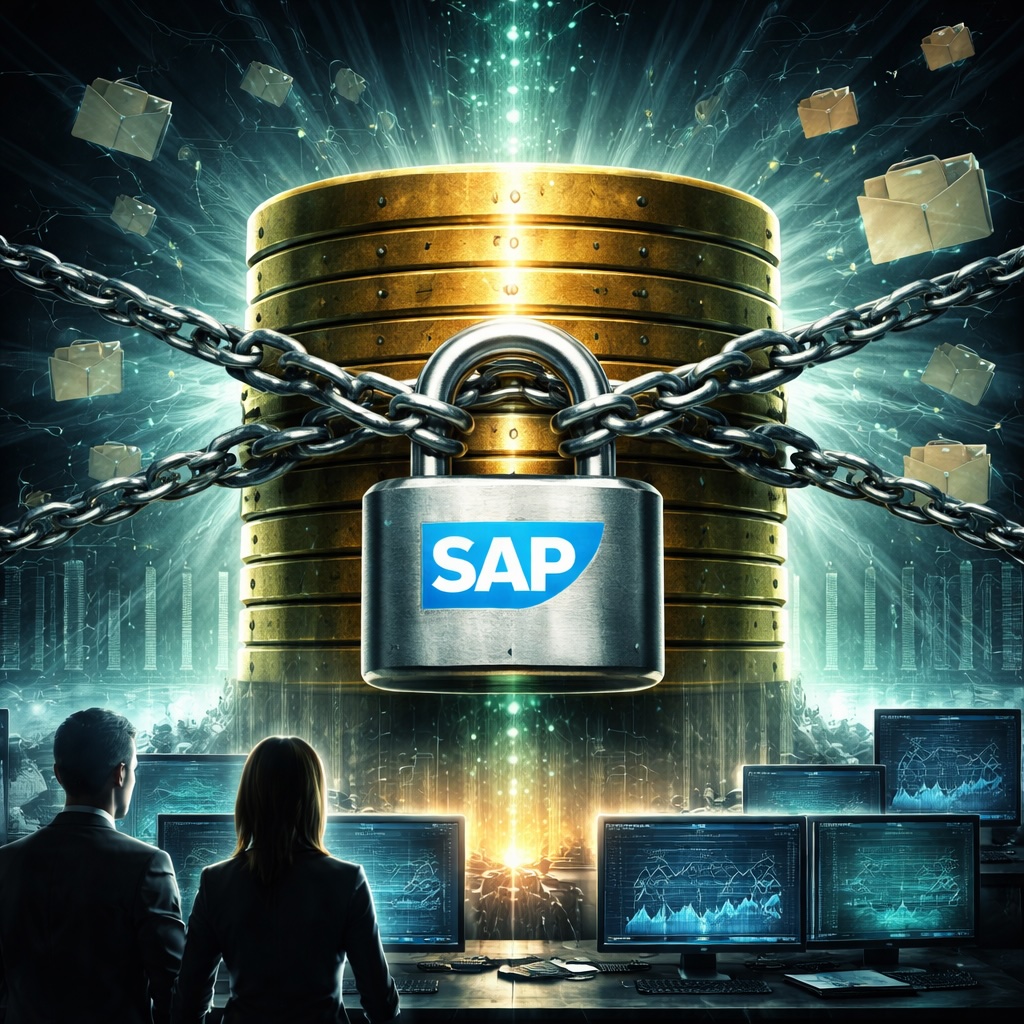 IMAGE: A large golden database stack wrapped in heavy chains and a padlock, symbolizing locked enterprise data, while two professionals watch from a control room surrounded by glowing data screens and floating file icons 