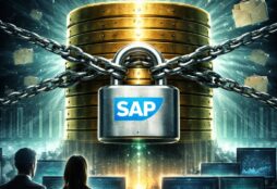 IMAGE: A large golden database stack wrapped in heavy chains and a padlock, symbolizing locked enterprise data, while two professionals watch from a control room surrounded by glowing data screens and floating file icons