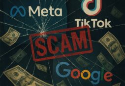 IMAGE: A cracked-glass composition showing symbolic elements of major tech platforms surrounded by money, suggesting the collapse of their claimed neutrality in online fraud