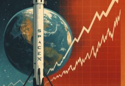 IMAGE: A stylized illustration shows a SpaceX rocket in the foreground with Earth behind it, while an upward-trending stock chart fills the background, symbolizing the company’s potential IPO and its global impact