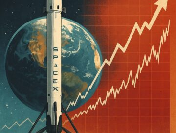 IMAGE: A stylized illustration shows a SpaceX rocket in the foreground with Earth behind it, while an upward-trending stock chart fills the background, symbolizing the company’s potential IPO and its global impact