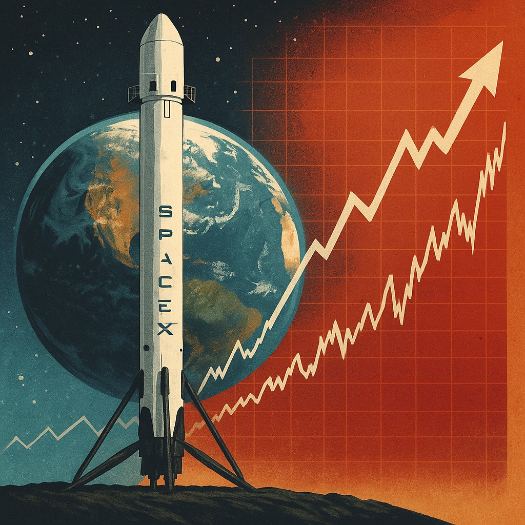 IMAGE: A stylized illustration shows a SpaceX rocket in the foreground with Earth behind it, while an upward-trending stock chart fills the background, symbolizing the company’s potential IPO and its global impact