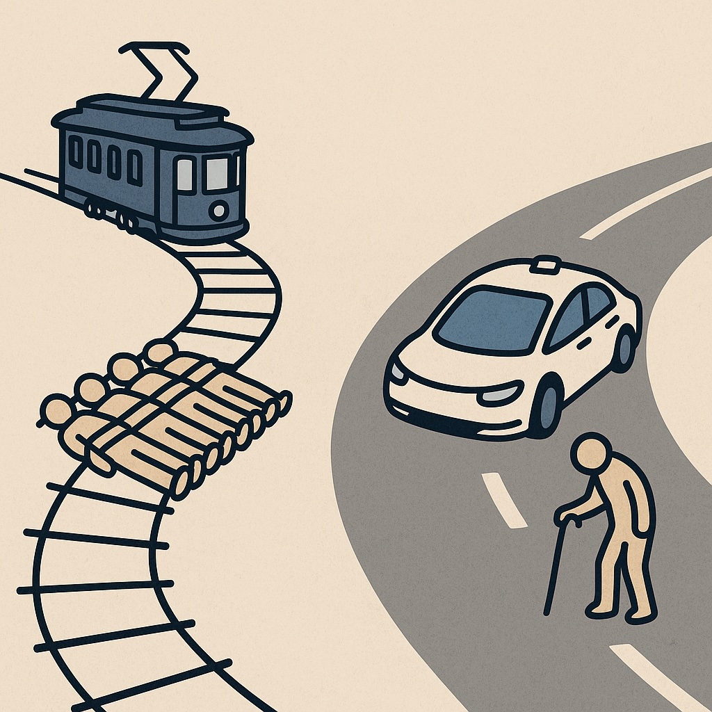 IMAGE: A trolley on tracks and an autonomous car on a road, visually contrasting the classic trolley dilemma with modern self-driving scenarios 