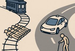 IMAGE: A trolley on tracks and an autonomous car on a road, visually contrasting the classic trolley dilemma with modern self-driving scenarios