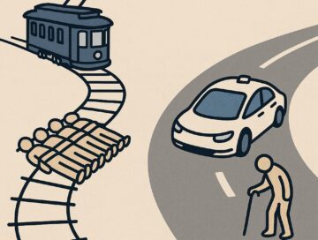 IMAGE: A trolley on tracks and an autonomous car on a road, visually contrasting the classic trolley dilemma with modern self-driving scenarios