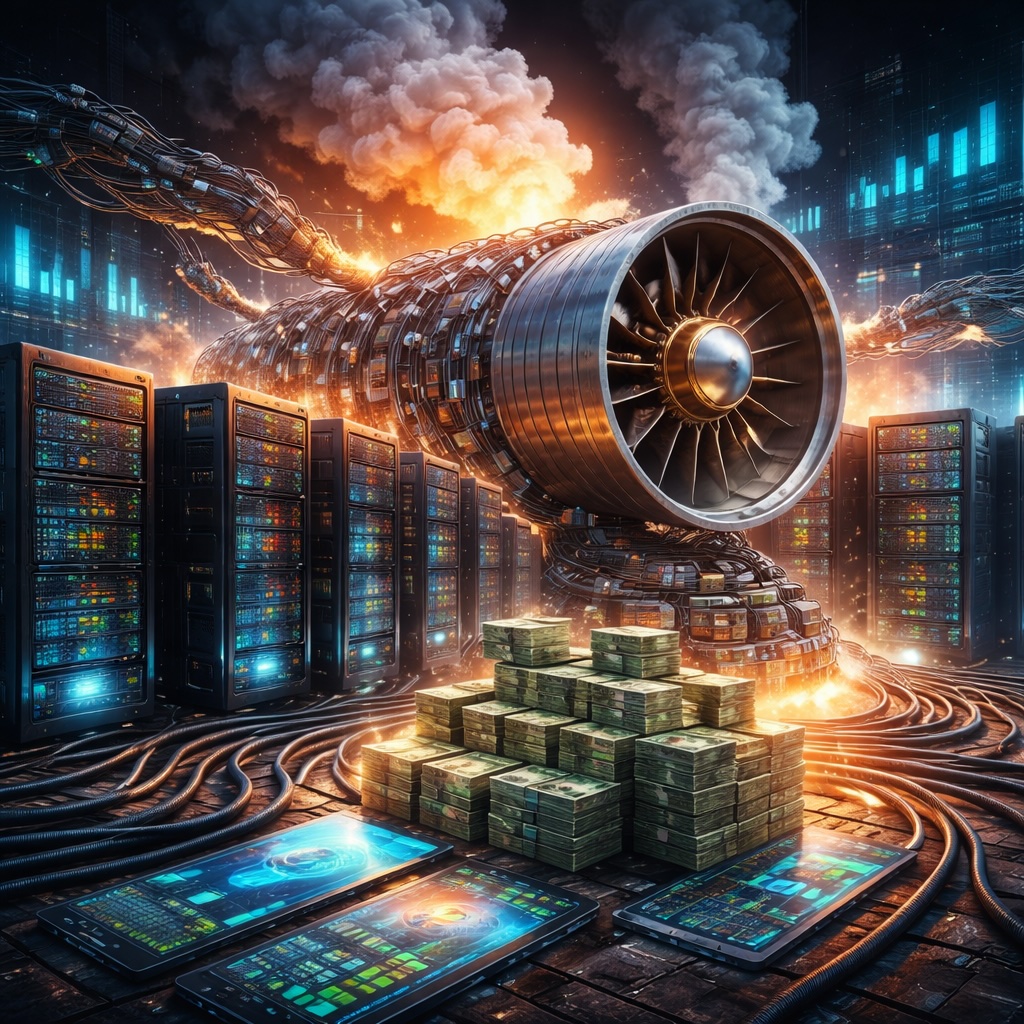 IMAGE: A futuristic data center powered by a jet-engine turbine, surrounded by glowing servers, thick power cables, smoke, and stacks of money, symbolizing the energy-hungry and financially inflated reality of artificial intelligence, infrastructure 