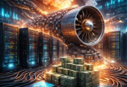 IMAGE: A futuristic data center powered by a jet-engine turbine, surrounded by glowing servers, thick power cables, smoke, and stacks of money, symbolizing the energy-hungry and financially inflated reality of artificial intelligence, infrastructure