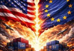 IMAGE: The US and EU flags tear apart in a violent explosion of light, surrounded by broken chains, scattered trade containers labeled USA and EU, and a chaotic landscape symbolizing geopolitical rupture