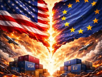 IMAGE: The US and EU flags tear apart in a violent explosion of light, surrounded by broken chains, scattered trade containers labeled USA and EU, and a chaotic landscape symbolizing geopolitical rupture