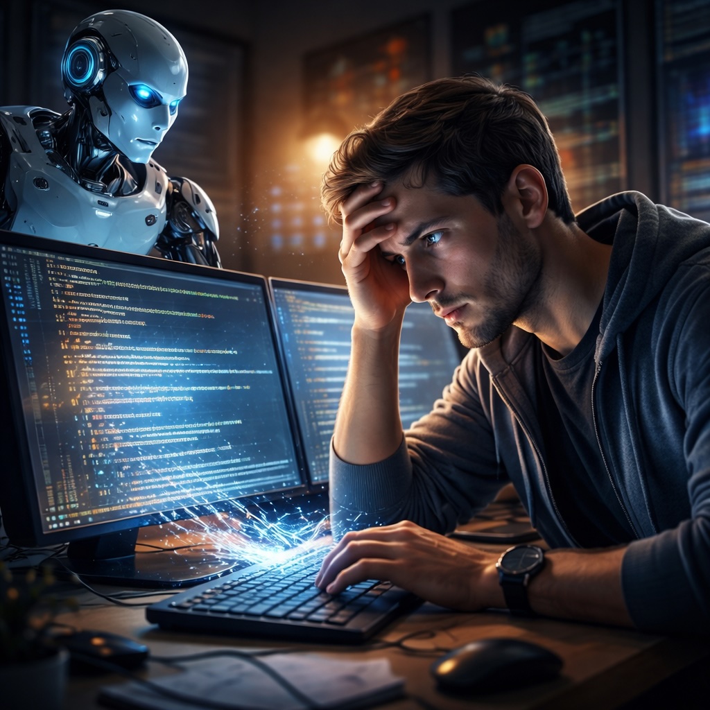 IMAGE: A stressed software developer sits in front of glowing code screens while a humanoid AI robot works behind him, symbolizing loss of control and over-reliance on automated coding 