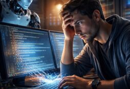 IMAGE: A stressed software developer sits in front of glowing code screens while a humanoid AI robot works behind him, symbolizing loss of control and over-reliance on automated coding