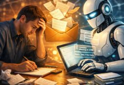 IMAGE: An illustration showing a human overwhelmed by emails on one side and a calm robot managing messages on the other, symbolizing the delegation of human communication to artificial intelligence