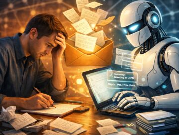 IMAGE: An illustration showing a human overwhelmed by emails on one side and a calm robot managing messages on the other, symbolizing the delegation of human communication to artificial intelligence