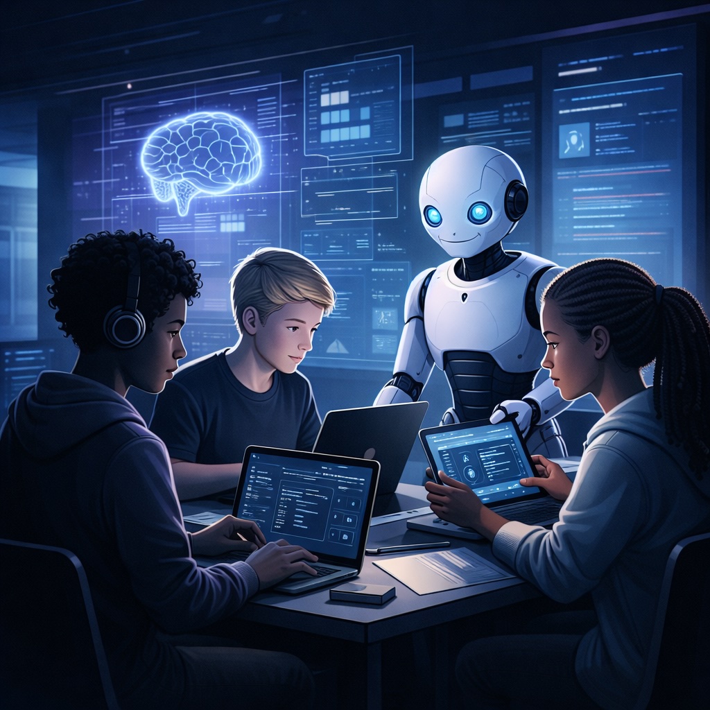 IMAGE: A sleek, editorial-style scene showing four teens working with laptops and tablets in a dim, futuristic classroom. A humanoid robot assists them as holographic data glows in cool blue tones, creating a minimalist, high-tech atmosphere