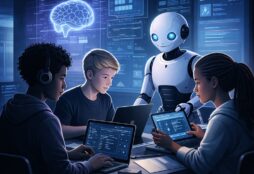 IMAGE: A sleek, editorial-style scene showing four teens working with laptops and tablets in a dim, futuristic classroom. A humanoid robot assists them as holographic data glows in cool blue tones, creating a minimalist, high-tech atmosphere
