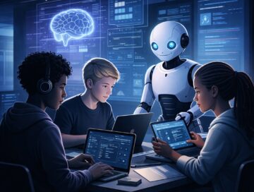 IMAGE: A sleek, editorial-style scene showing four teens working with laptops and tablets in a dim, futuristic classroom. A humanoid robot assists them as holographic data glows in cool blue tones, creating a minimalist, high-tech atmosphere