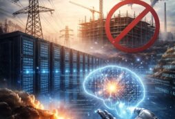IMAGE: A robotic hand holds a glowing digital brain in front of large data centers, power lines, and a halted construction site, symbolizing the physical and conceptual limits of artificial intelligence