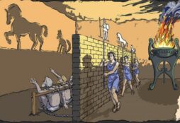 IMAGE: an Illustration of The Allegory of the Cave, from Plato's Republic, with the prisoners chained so they can only see a wall and not the outside of the cave, and the figures being projected as shadows on that wall