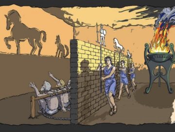 IMAGE: an Illustration of The Allegory of the Cave, from Plato's Republic, with the prisoners chained so they can only see a wall and not the outside of the cave, and the figures being projected as shadows on that wall