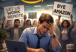 IMAGE: A stressed office worker sits at a desk under the Amazon logo, holding his head in frustration, while behind him a crowd of angry employees protest with signs demanding remote work and signaling they are leaving the company