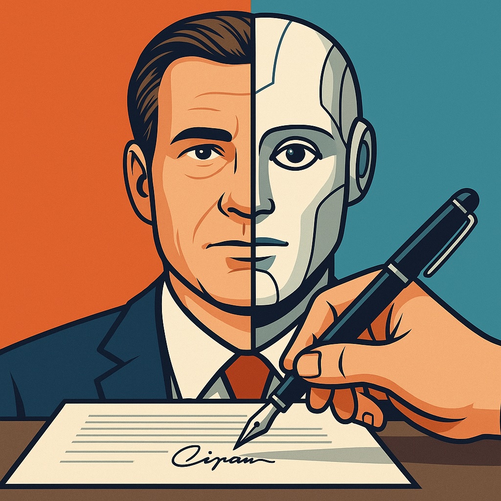 IMAGE: Illustration of a CEO’s face split between human and synthetic halves, with a hand signing a fraudulent document below