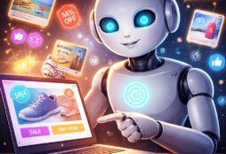 IMAGE: A friendly-looking humanoid AI points at a laptop screen filled with shopping ads, while colorful promotional icons float around it, suggesting a chatbot that has turned into a salesperson
