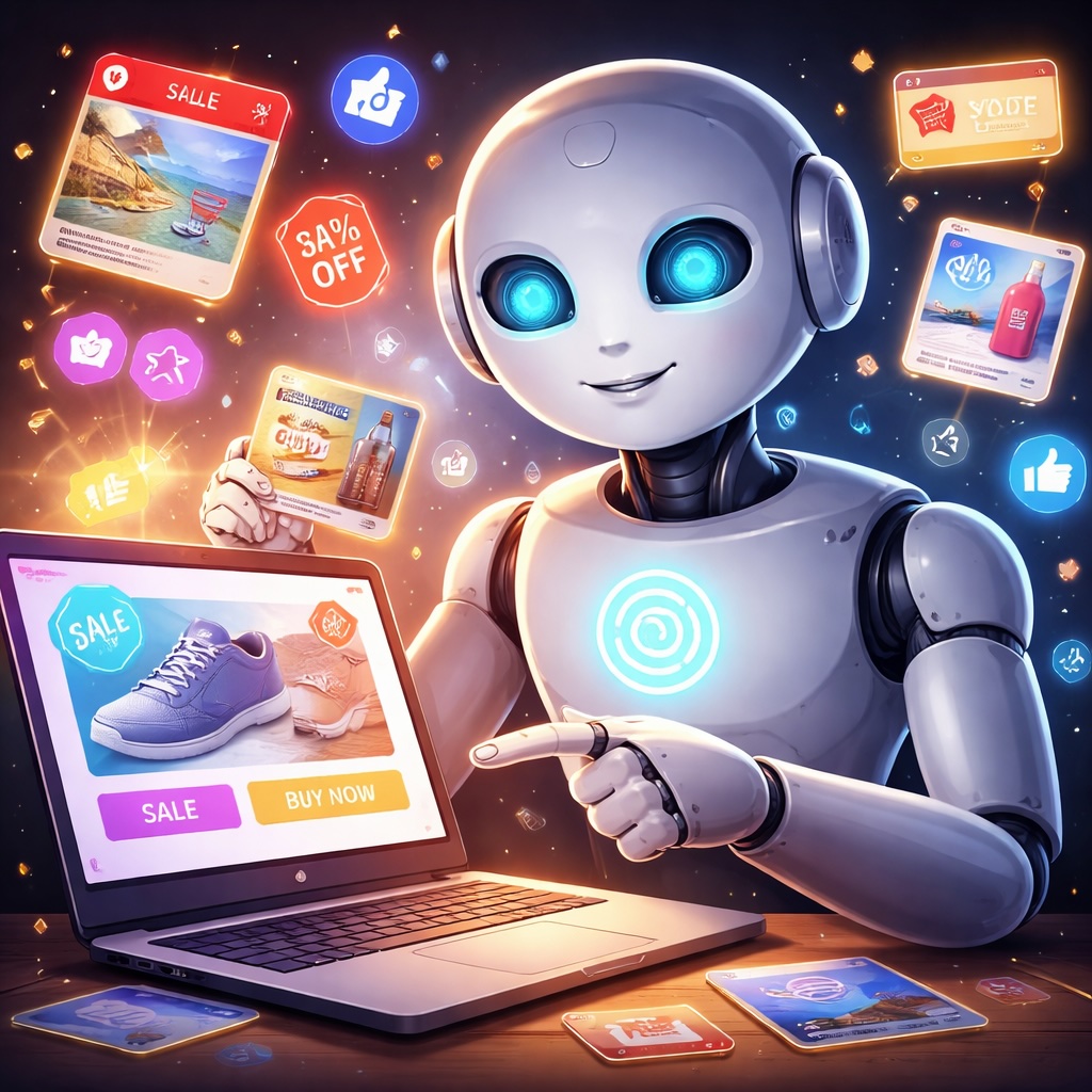 IMAGE: A friendly-looking humanoid AI points at a laptop screen filled with shopping ads, while colorful promotional icons float around it, suggesting a chatbot that has turned into a salesperson
