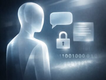 IMAGE: A minimalist, translucent humanoid figure made of light stands in a dark, abstract space, with faint symbols of conversation and a padlock appearing nearby and then fading away, suggesting an AI presence that is helpful and attentive without storing or recording any information