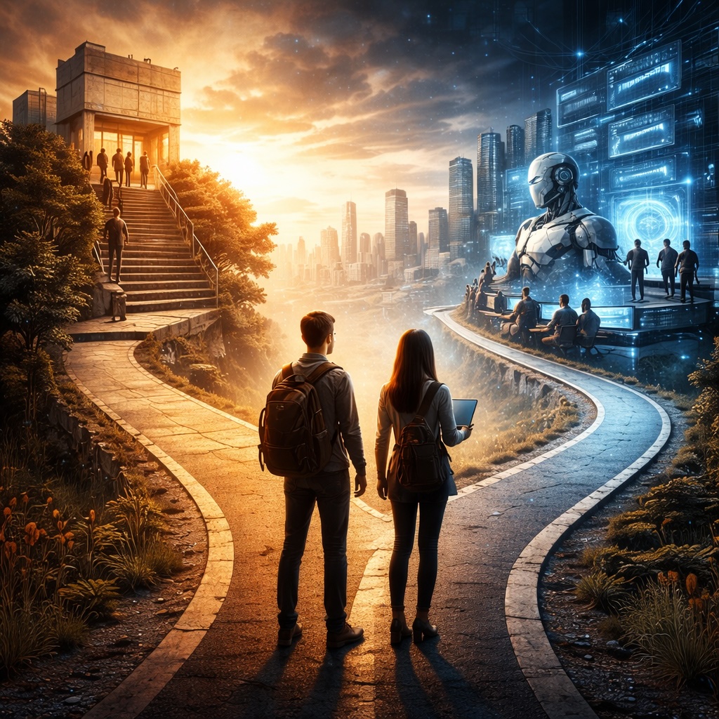 IMAGE: Two young people stand at a forked road, choosing between a traditional corporate path and a future shaped by AI and technology, with a city skyline ahead 