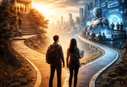 IMAGE: Two young people stand at a forked road, choosing between a traditional corporate path and a future shaped by AI and technology, with a city skyline ahead
