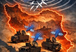 IMAGE: Iran highlighted on a map while ground-based jamming trucks emit radio interference toward a satellite overhead, symbolizing state control over satellite internet access