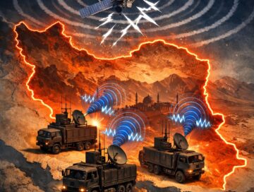 IMAGE: Iran highlighted on a map while ground-based jamming trucks emit radio interference toward a satellite overhead, symbolizing state control over satellite internet access