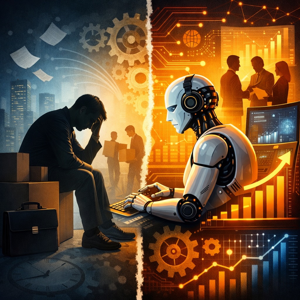IMAGE: Ilustración dividida en dos mitades: a la izquierda, una persona sentada con gesto de preocupación en un entorno laboral que se desvanece; a la derecha, un sistema de inteligencia artificial trabajando entre gráficos y circuitos, simbolizando cómo la tecnología transforma el empleo humano de forma gradual 