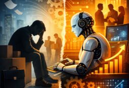 IMAGE: Ilustración dividida en dos mitades: a la izquierda, una persona sentada con gesto de preocupación en un entorno laboral que se desvanece; a la derecha, un sistema de inteligencia artificial trabajando entre gráficos y circuitos, simbolizando cómo la tecnología transforma el empleo humano de forma gradual