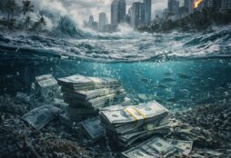 IMAGE: A flooded coastal city above water and stacks of money submerged among fish below, symbolizing the economic cost of climate change