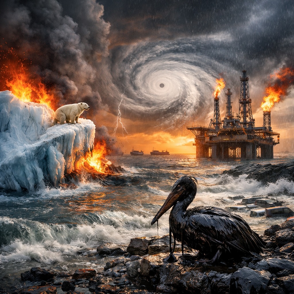 IMAGE: A hyper-realistic, AI-generated scene showing a burning iceberg, a powerful hurricane, oil platforms on fire, flooding and oil-covered wildlife, symbolizing the climate emergency driven by fossil fuels and extreme weather