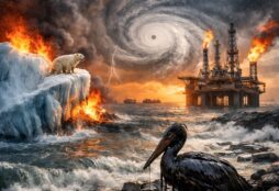 IMAGE: A hyper-realistic, AI-generated scene showing a burning iceberg, a powerful hurricane, oil platforms on fire, flooding and oil-covered wildlife, symbolizing the climate emergency driven by fossil fuels and extreme weather